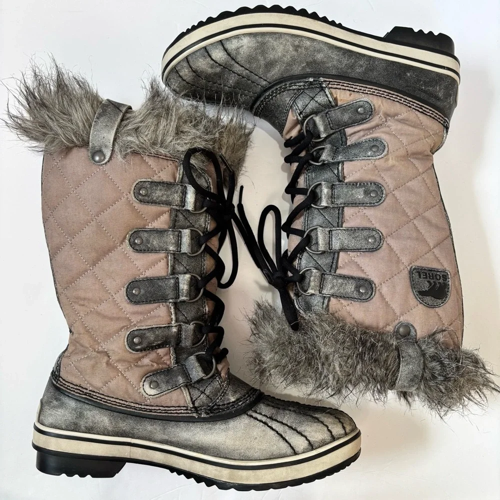 Sorel Tofino Gray Tan Waxed Canvas Leather outdoor Waterproof Snow Boots Sz 8.5